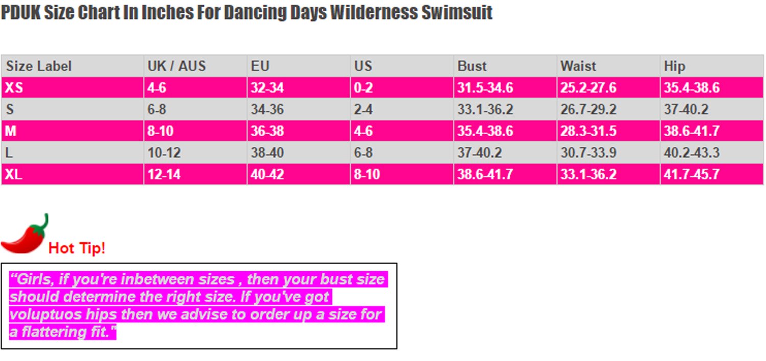 Dancing Days Wilderness Swimsuit Size Chart