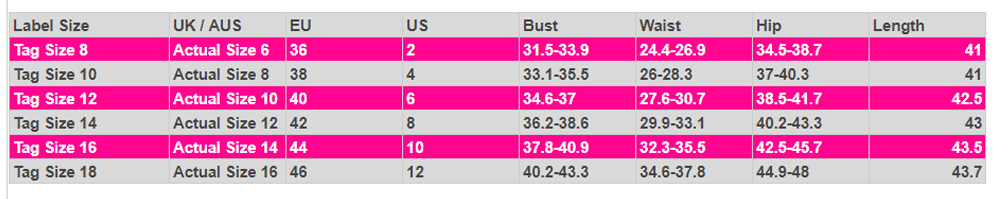 Size Chart For This Dress