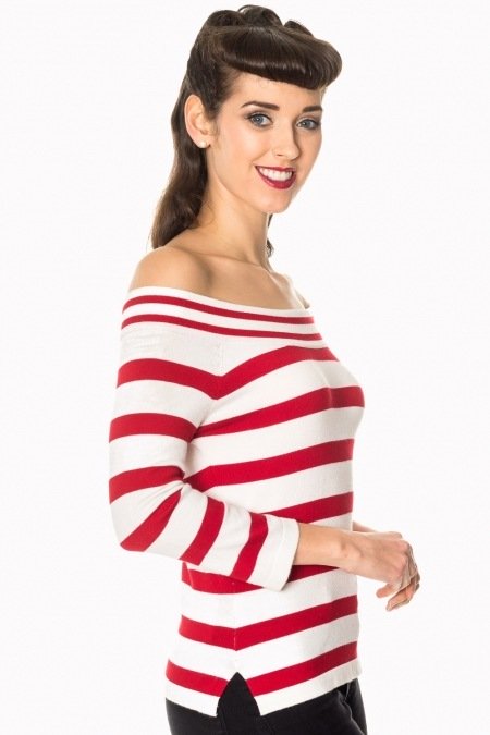 Banned Retro Ahoi Red Strip Bardot Nautical Top
