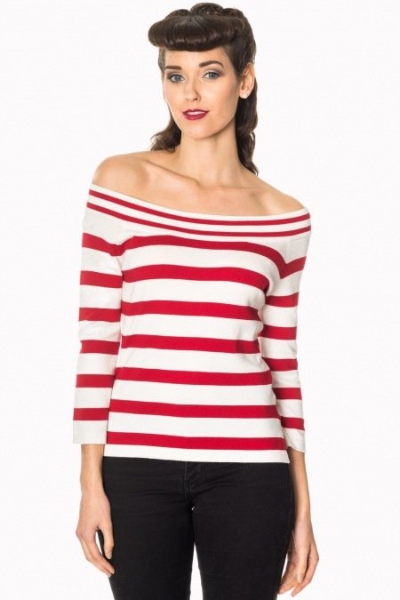 Banned Retro Ahoi Red Strip Bardot Nautical Top