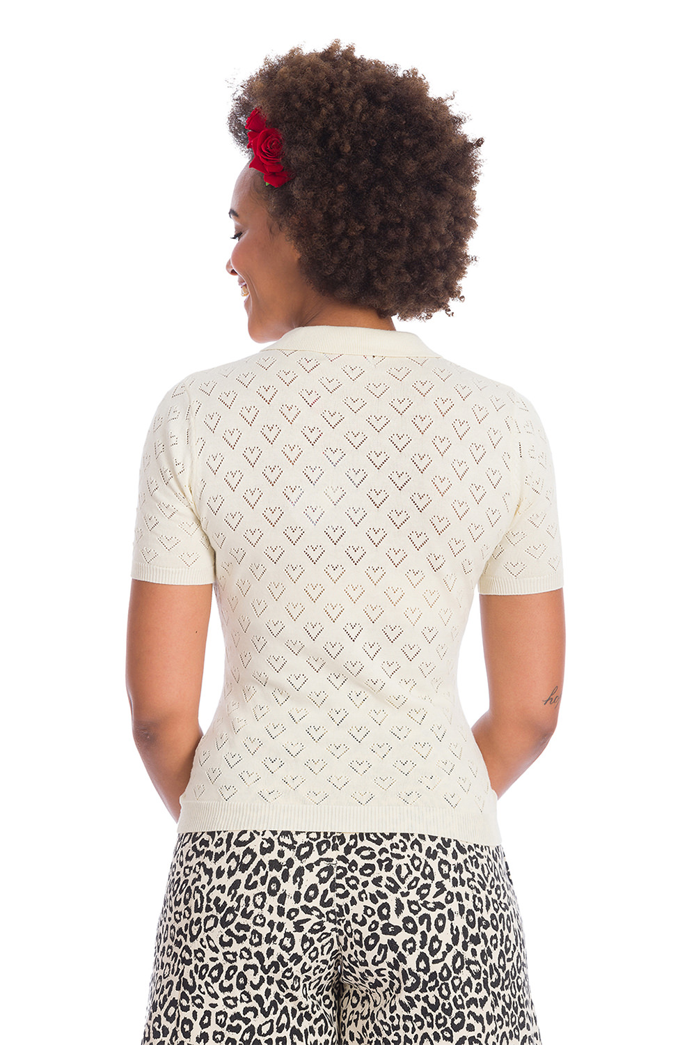 Banned 50s Smart Love Hearts Cream Knit Top