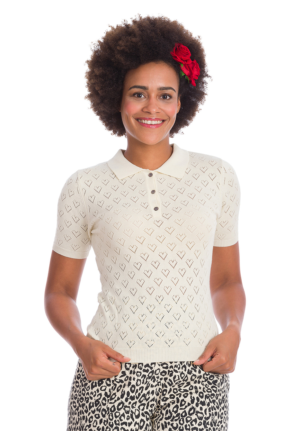 Banned 50s Smart Love Hearts Cream Knit Top