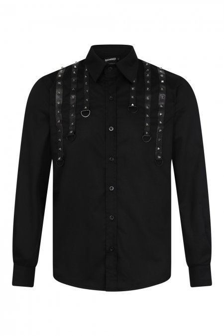 Banned Retro Mens Pyramid Studs Studded Black Rockabilly Black Shirt