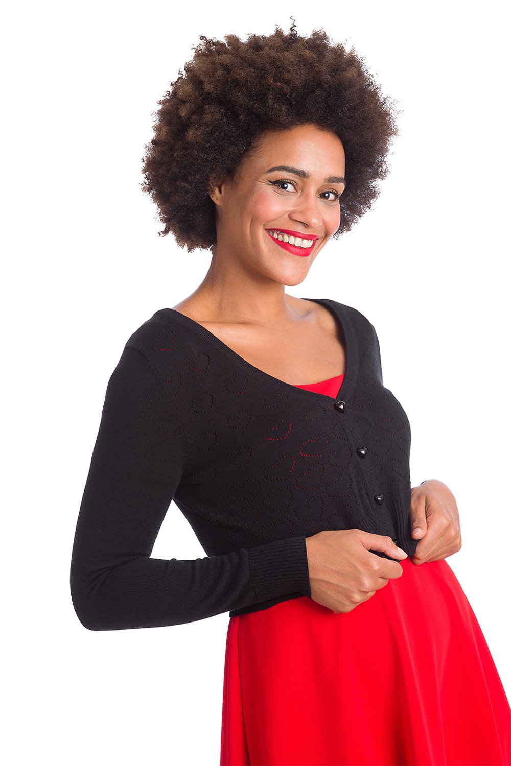 Banned 50s Smart Love Hearts Embossed Black Fine Knit Cardigan