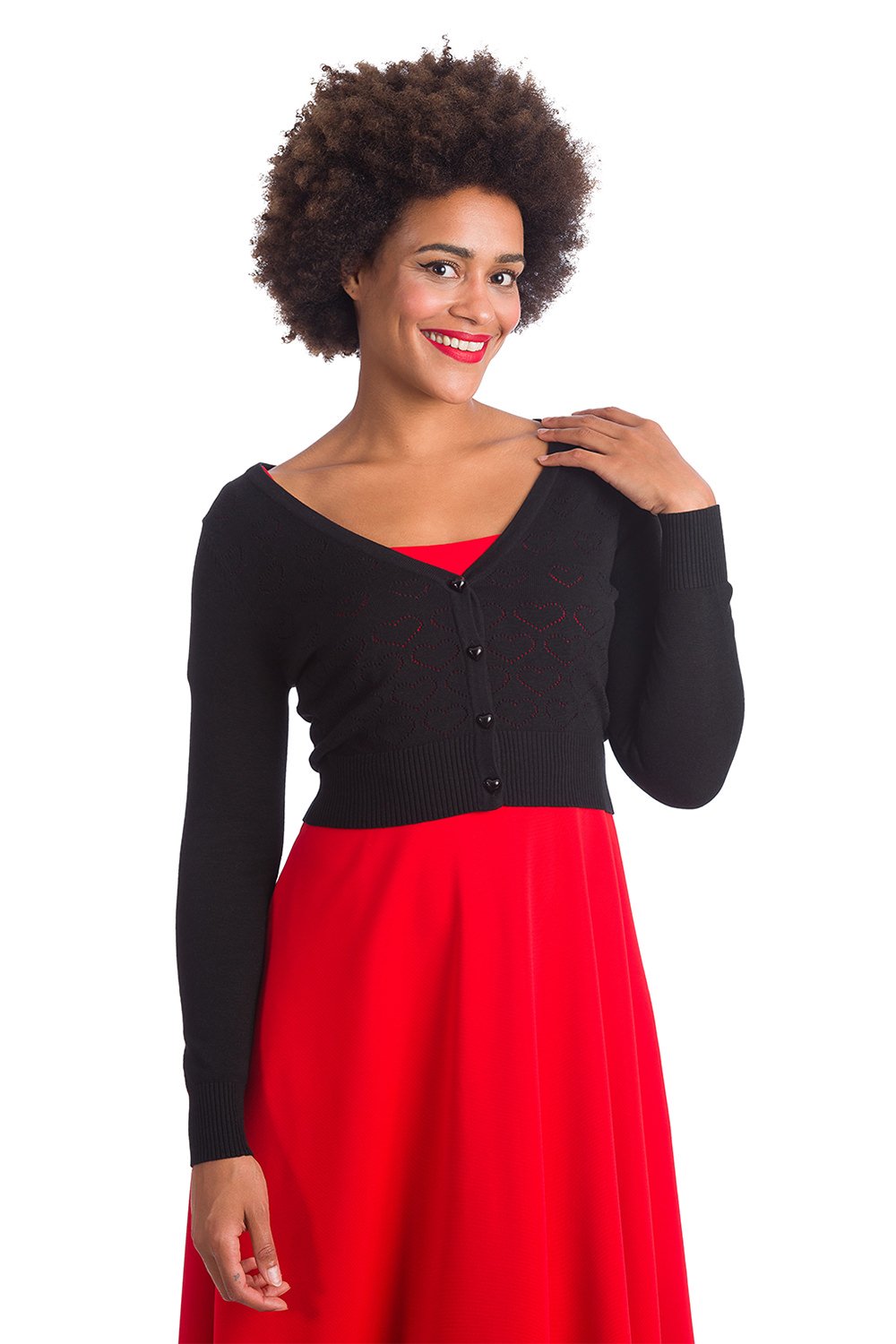 Banned 50s Smart Love Hearts Embossed Black Fine Knit Cardigan