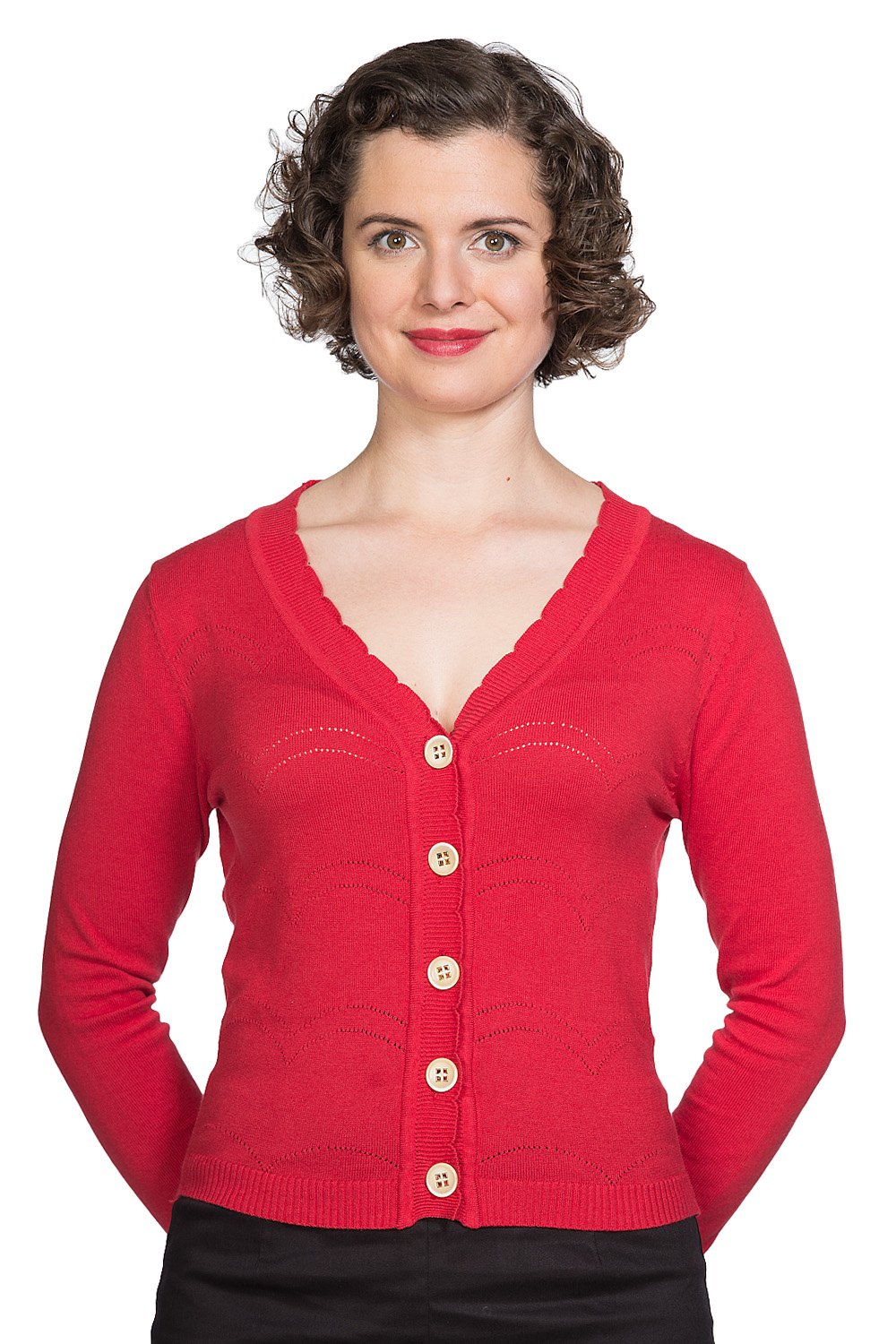 Banned Retro 50s June Pointelle Scalopped Cardigan In Red