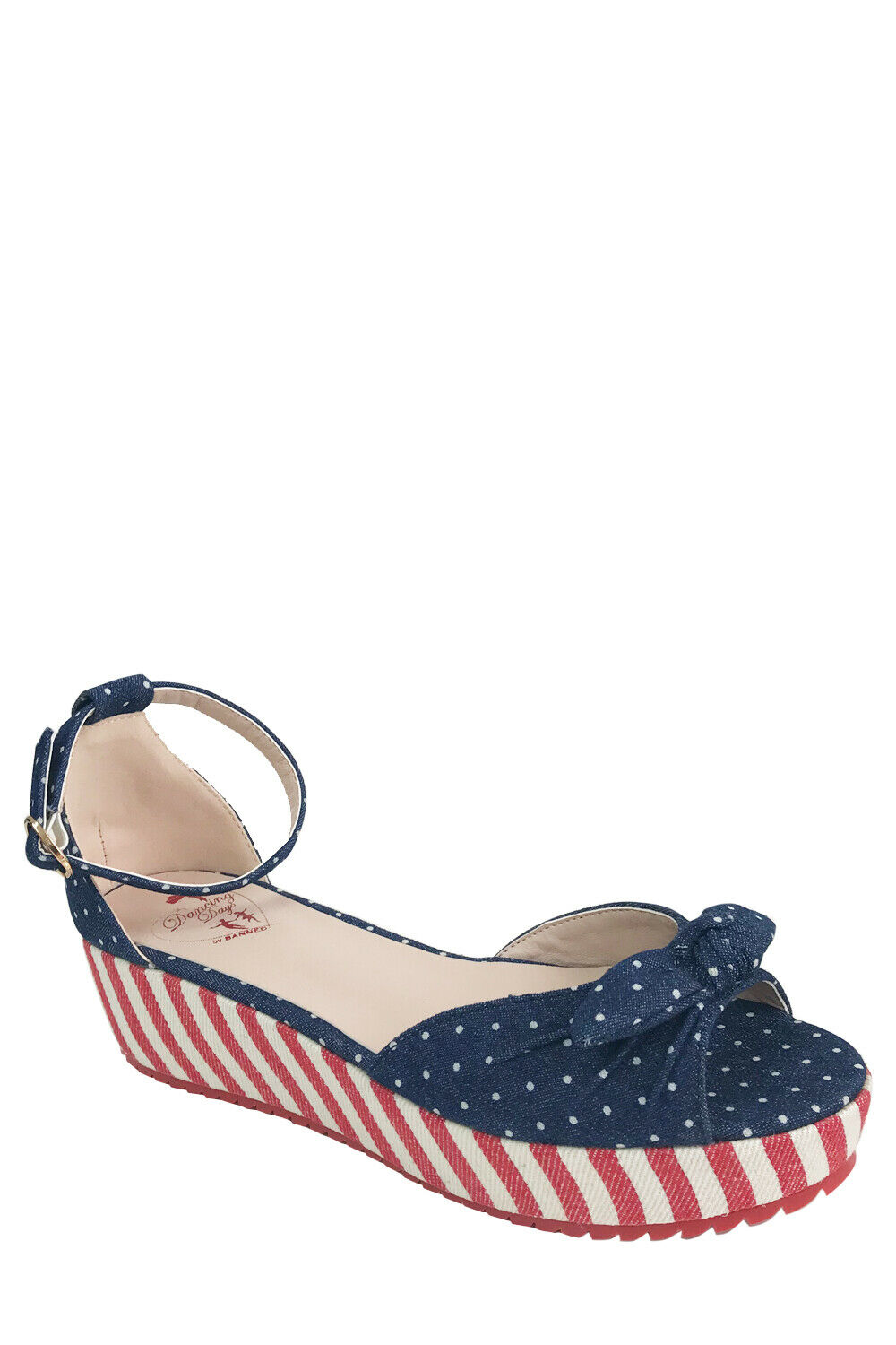 Banned RiRi West 50s Rockabilly Vegan Polka Dot Sandals In Navy