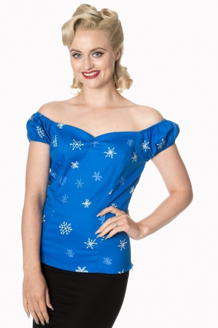Sadie Snowflake Blue Vintage Off Shoulder Bardot Top