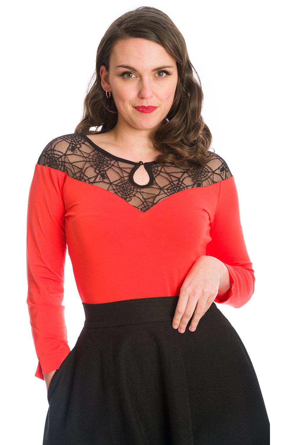 50s Spider Nights Jersey Evening Mesh Keyhole Top In Orange