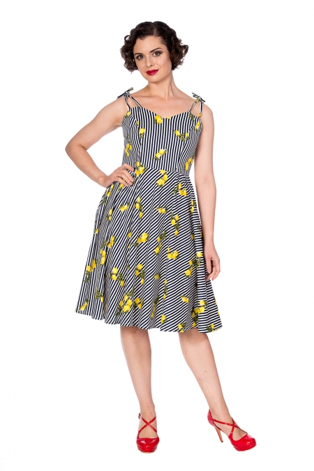 Banned Retro 50s Lemons Stripes Dress In Navy And White Dress