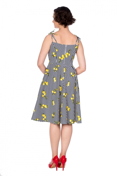 Banned Retro 50s Lemons Stripes Dress In Navy And White Dress