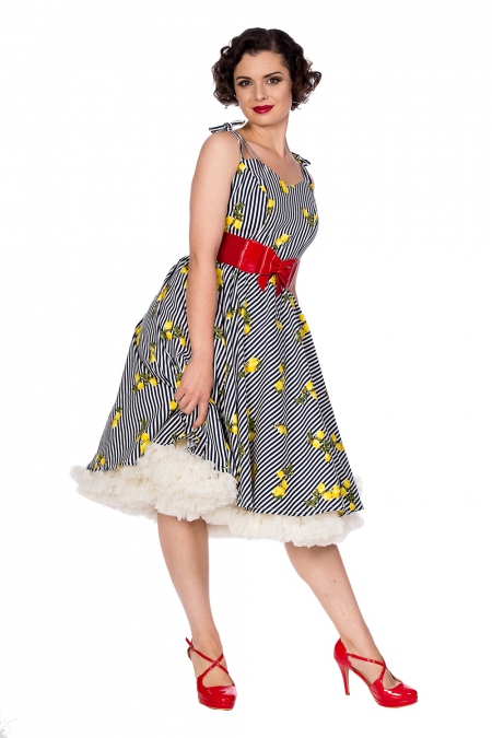 Banned Retro 50s Lemons Stripes Dress In Navy And White Dress