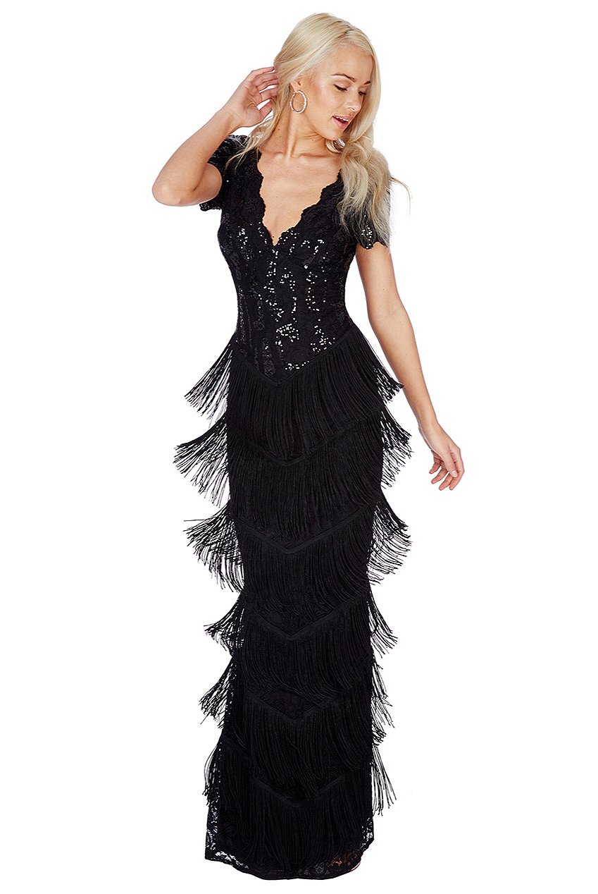 Black Sequin Downton Abbey Style Maxi Tassle Dress