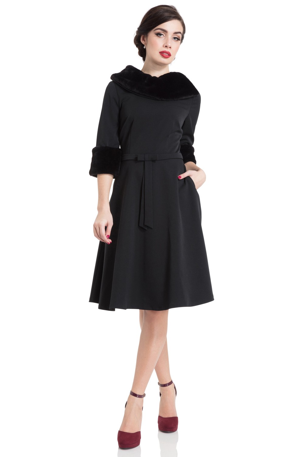 Vixen 40s Tabitha Faux Fur Collar Dress In Black