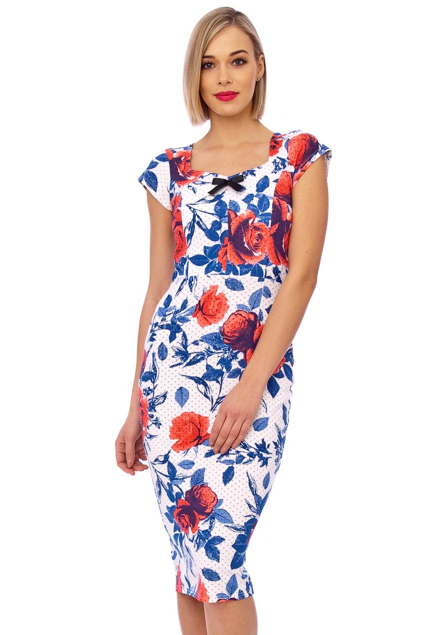 Cynthia 50s Bow Midi Pencil Floral Dress