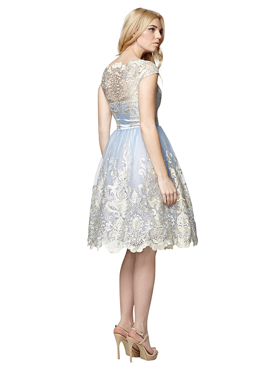 Chi Chi London Premium Metallic Lace Midi Prom Dress with Bardot Neck