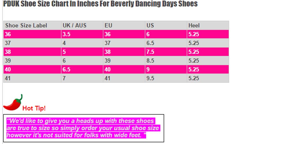 Dancing Days Nude Beverly Shoe Size Chart
