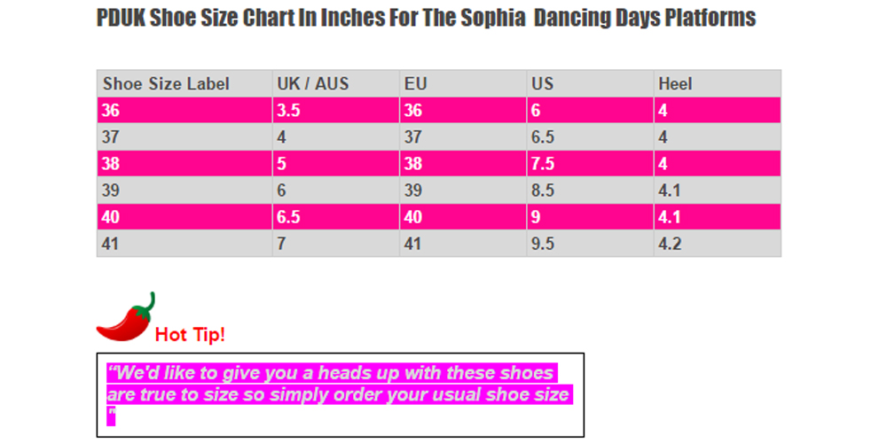 dANCING DAYS SOPHIA SIZE CHART