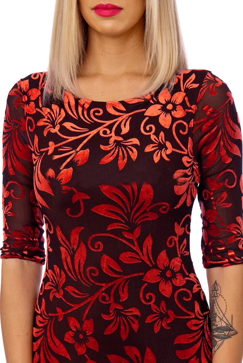 Red Brown 50s Floral Wiggle Devore Dress