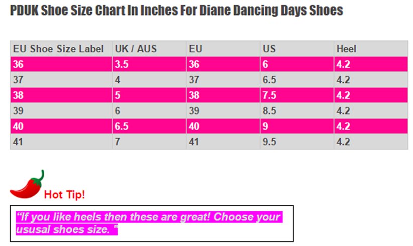 Dancing Days Diane Shoes Size Chart