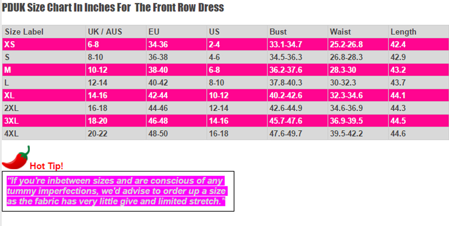 Dancing Days Front Row Size Chart