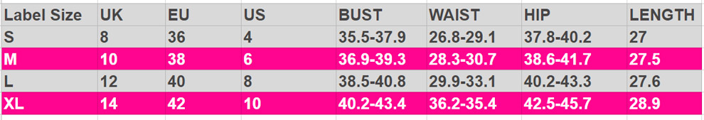 Size Chart In Inches