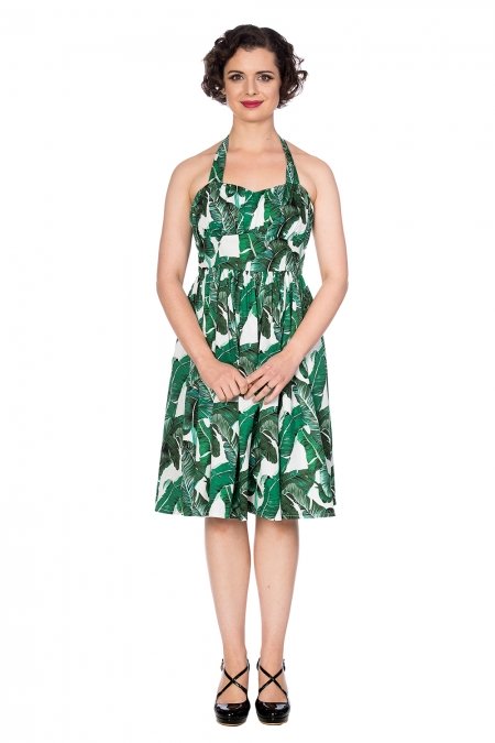 Banned Retro 50s Tropical Green Leaf Swing Dress