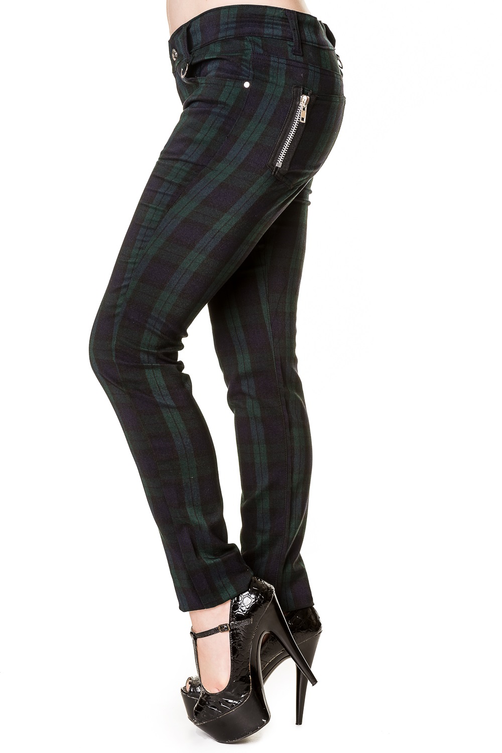 Ladies Banned Blue Tartan Emo Punk Skinny Goth 80s Jeans