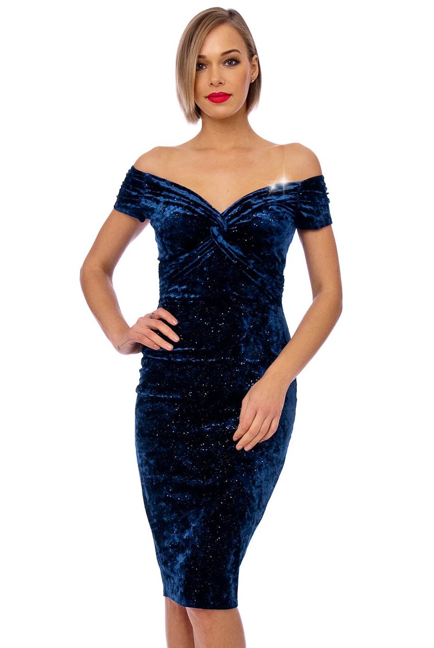 Vintage 50s Navy Kim Glitter Velvet Wiggle Dress