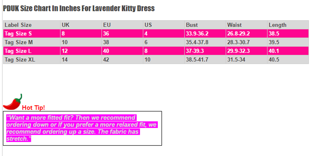 Lavender Kitty Dress Size Chart