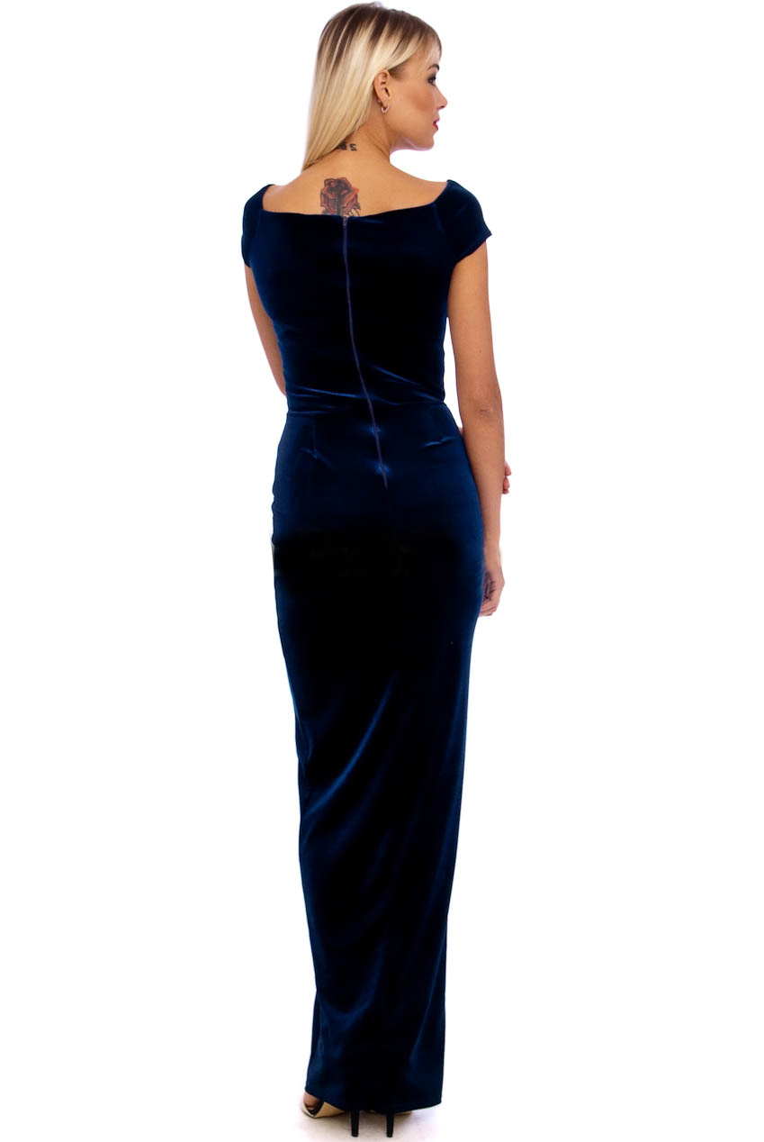 Vintage 50s Navy Marilyn Velvet Wiggle Maxi Dress