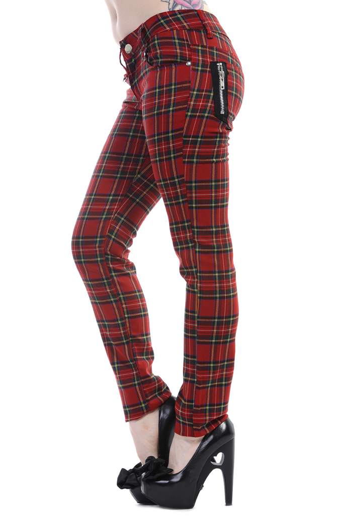 Ladies Banned Red Tartan Emo Punk Skinny Goth 80s Jeans