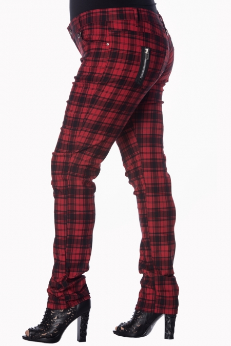 Ladies Banned Red Tartan Emo Punk Skinny Goth 80s Jeans