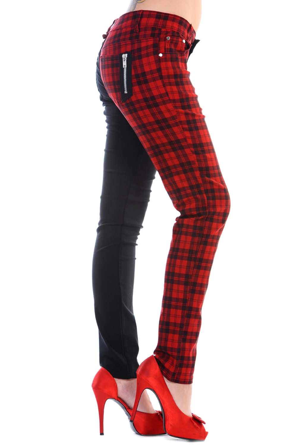 Ladies Banned Red Half Tartan Skinny 80s Jeans