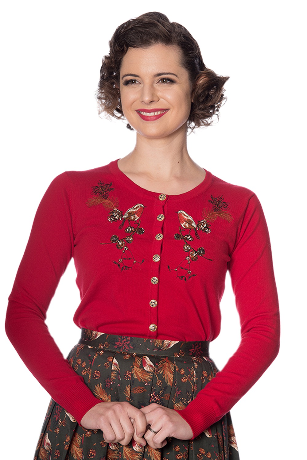 50s Rocking Robin Cardigan In Dark Red
