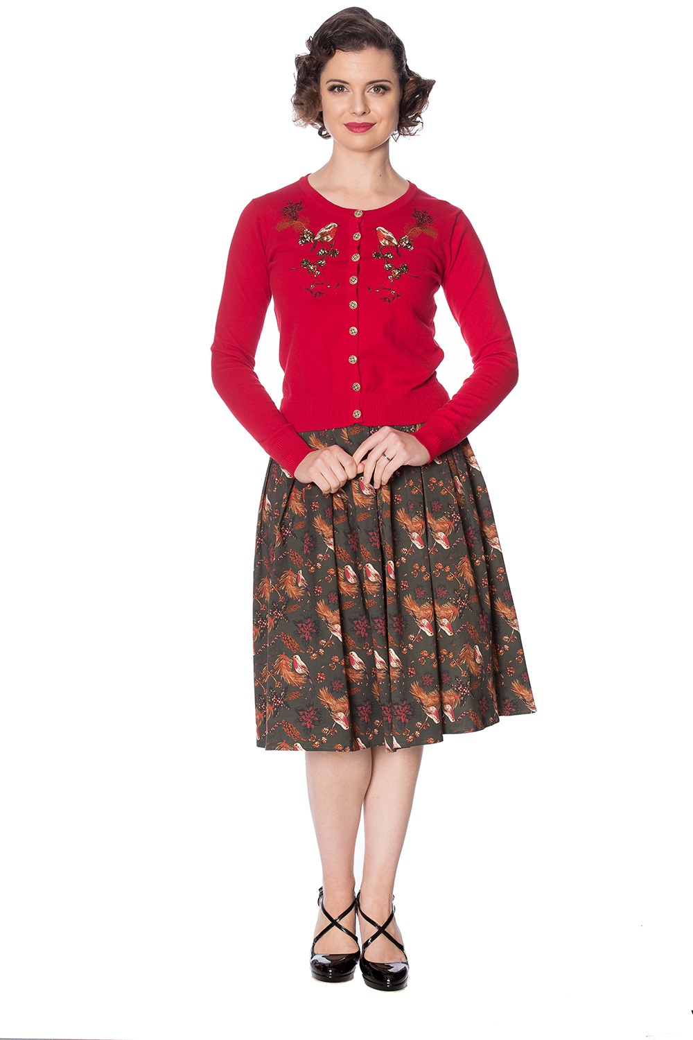 50s Rocking Robin Cardigan In Dark Red