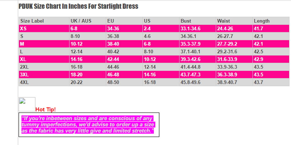 Dancing Days Starlight Dress Size Chart