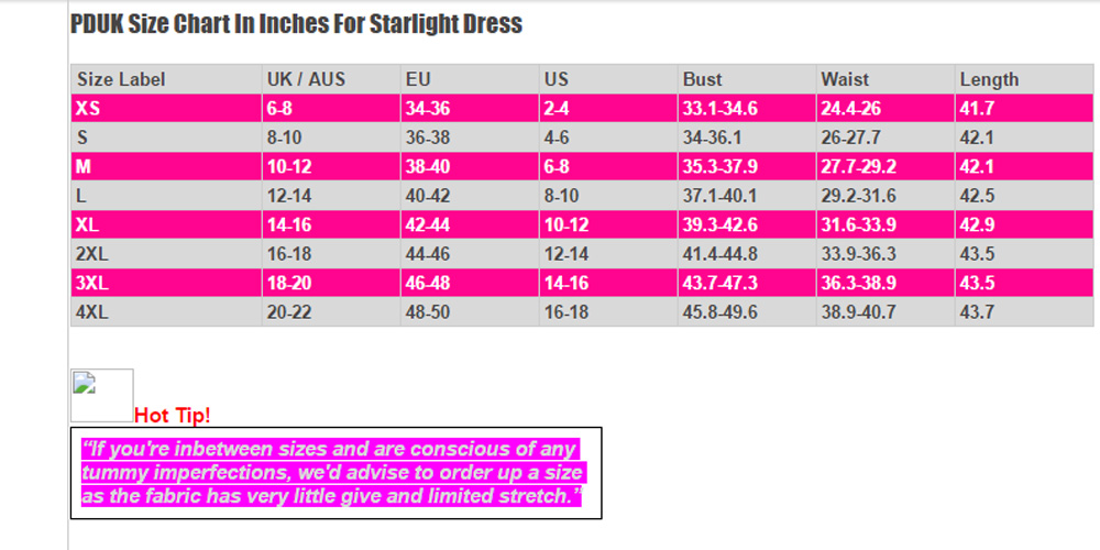 Dancing Days Starlight Dress Size Chart