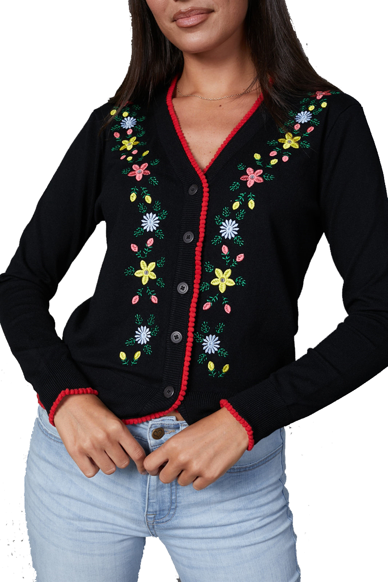 Timeless Black Floral Pom Pom Cardigan