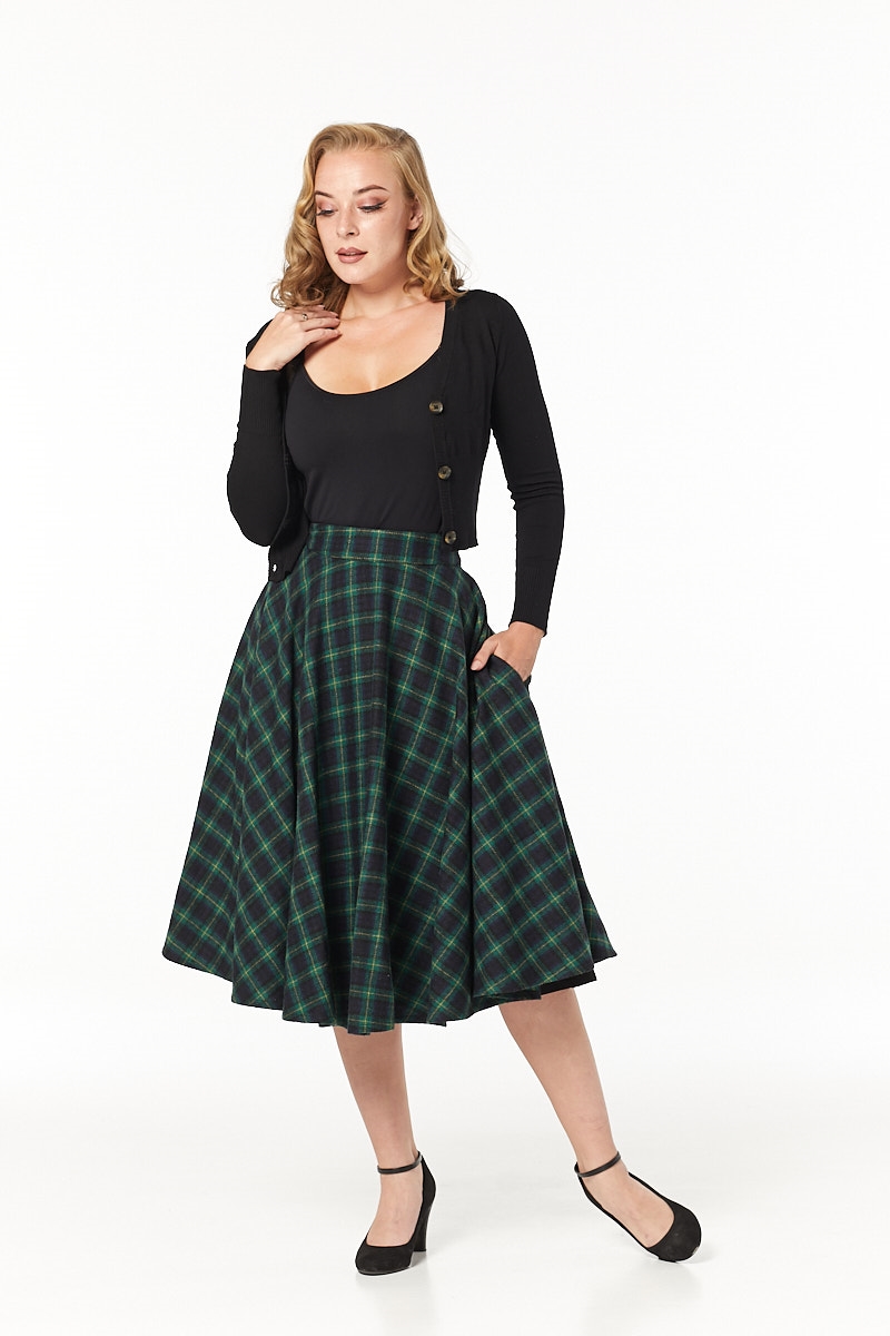 Timeless 40s Sophie Wool Rockabilly Check Forest Green Skirt