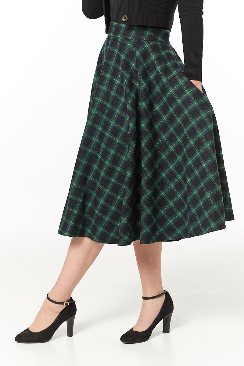 Timeless 40s Sophie Wool Rockabilly Check Forest Green Skirt
