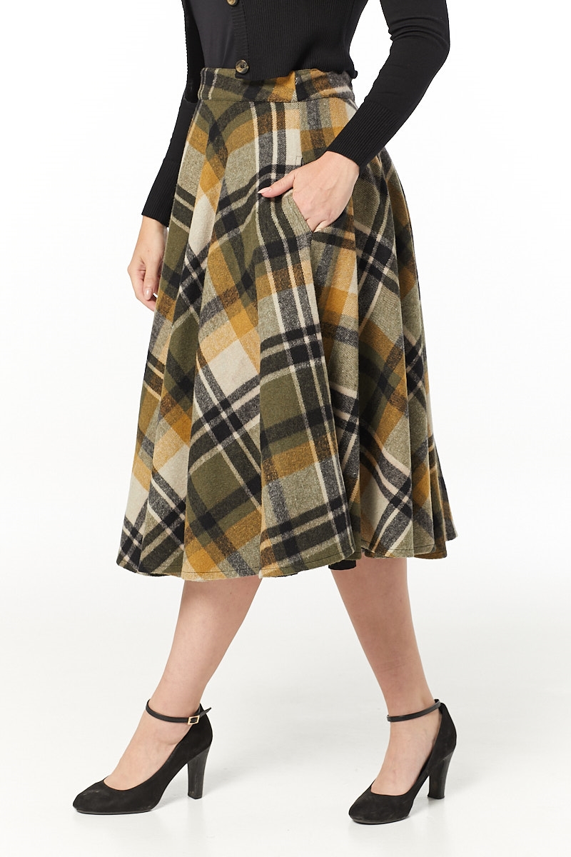 Timeless 40s Sophie Wool Rockabilly Check Khaki Skirt