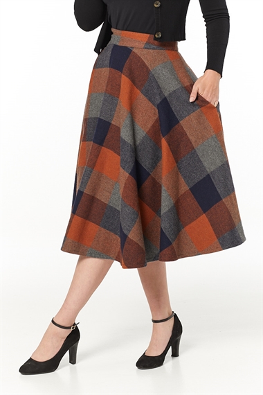 Timeless 40s Sophie Wool Rockabilly Check Rust Skirt