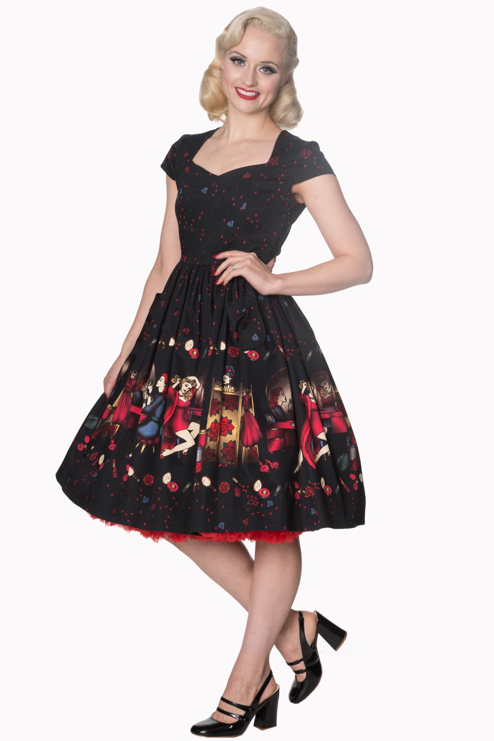 Dancing Days Black Vanity 50s Dress With Luxury Red Petticoat