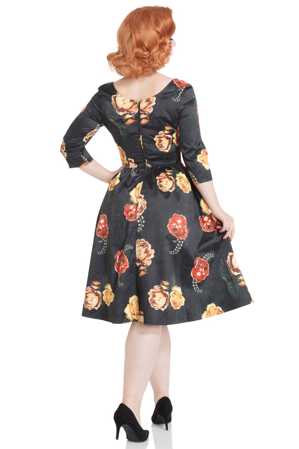 50s Vixen Meg Floral Swing Black Dress