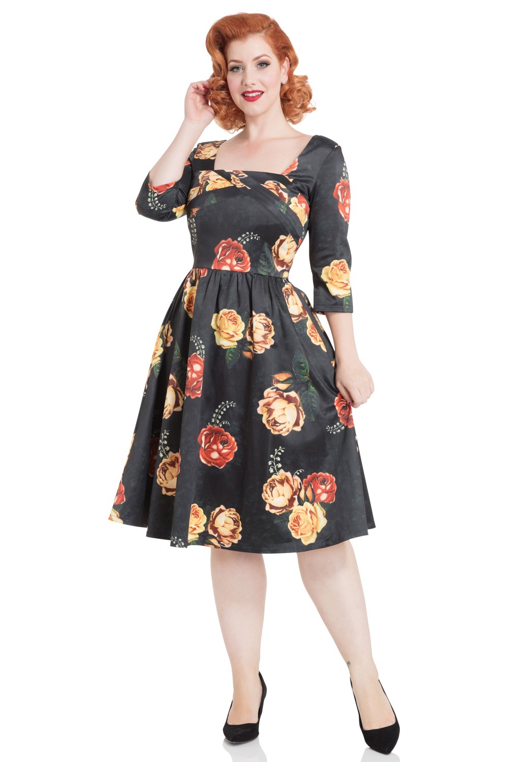 50s Vixen Meg Floral Swing Black Dress