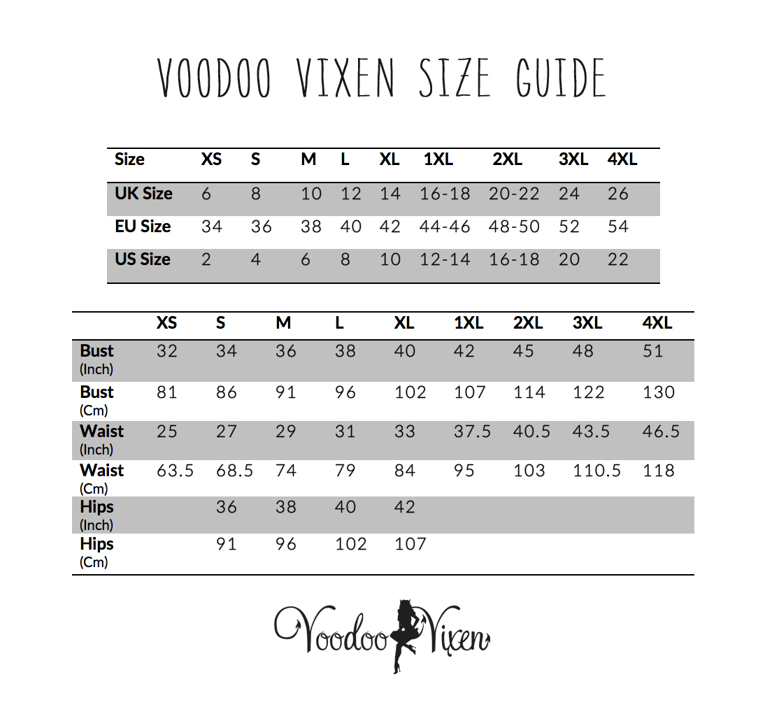 Voodoo Vixen Clothing Size Chart