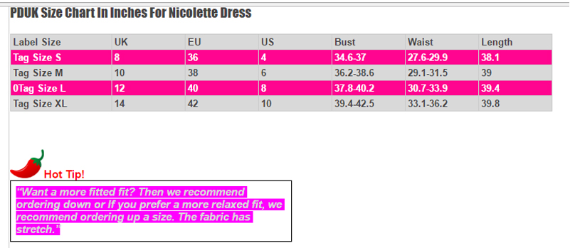 Voodoo Vixen Nicolette Size Chart