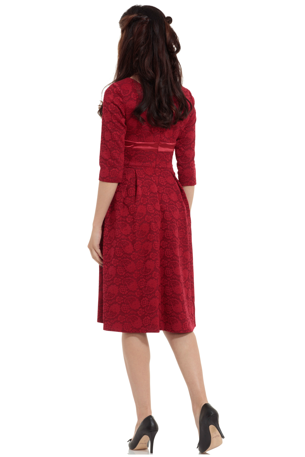 Vixen 50s Jane Jacquard Swing Dress in Burgundy Red
