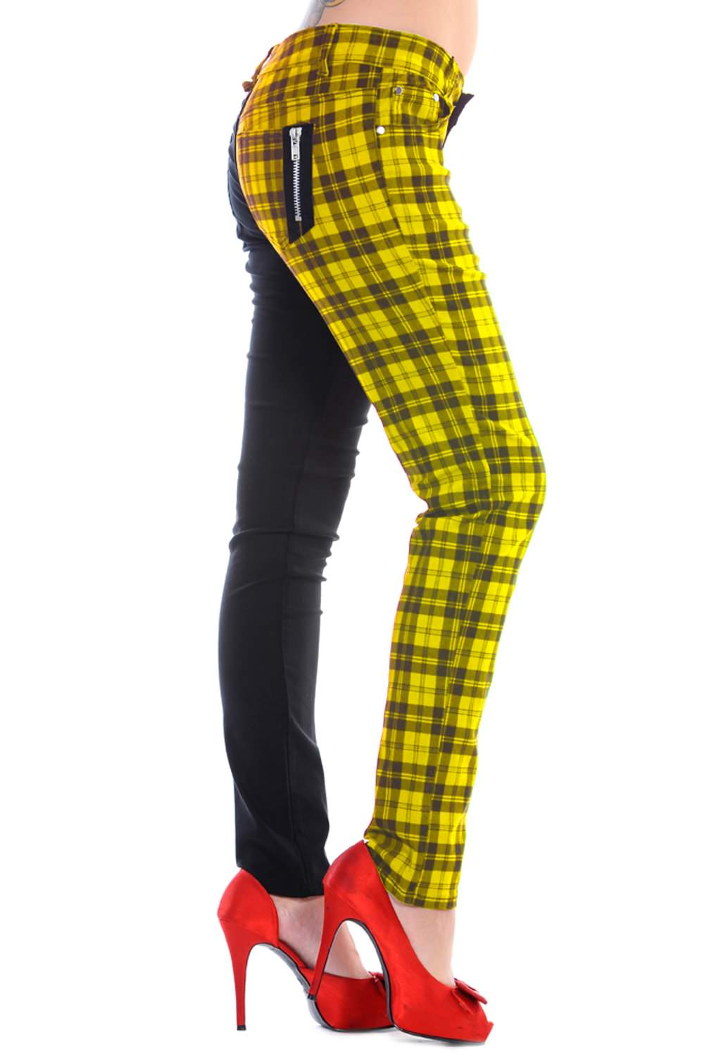 Ladies Banned Yellow Half Tartan Skinny 80s Jeans